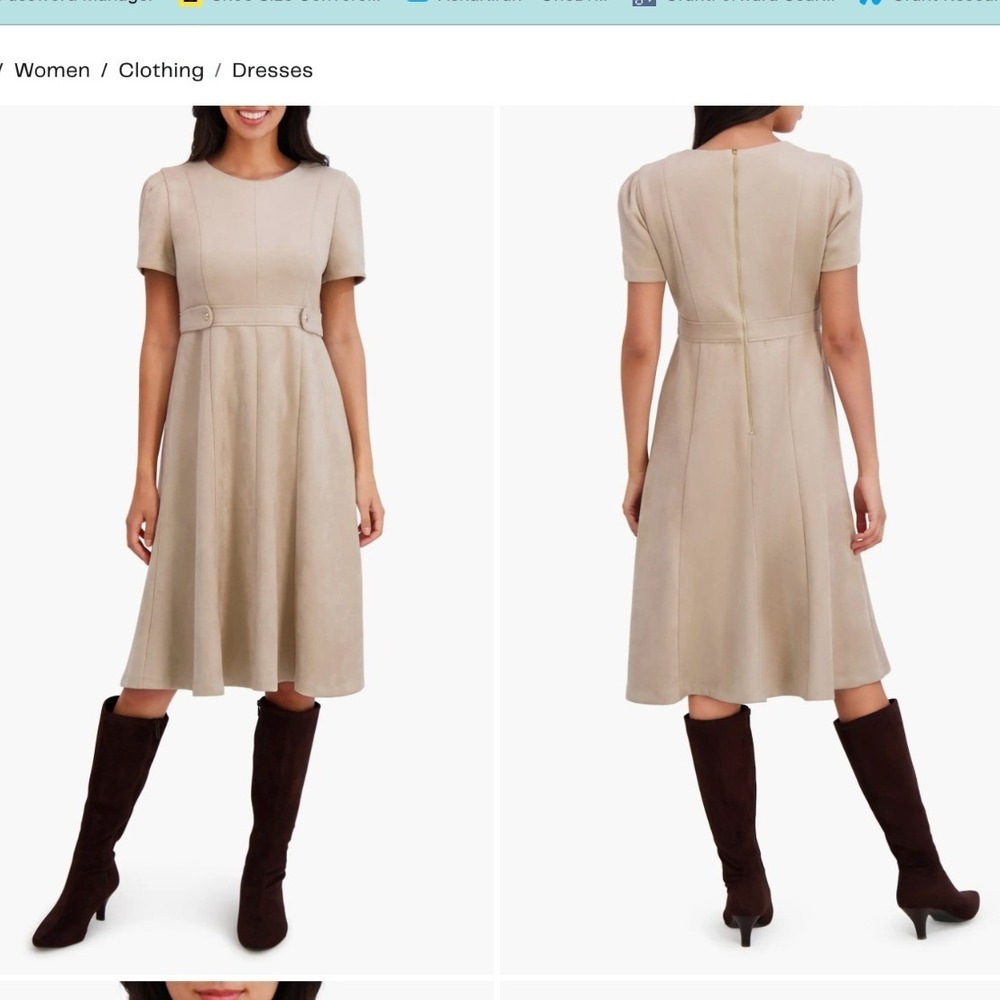 London Times Beige Faux Suede Fit‎ Flare Midi Dress Size 14